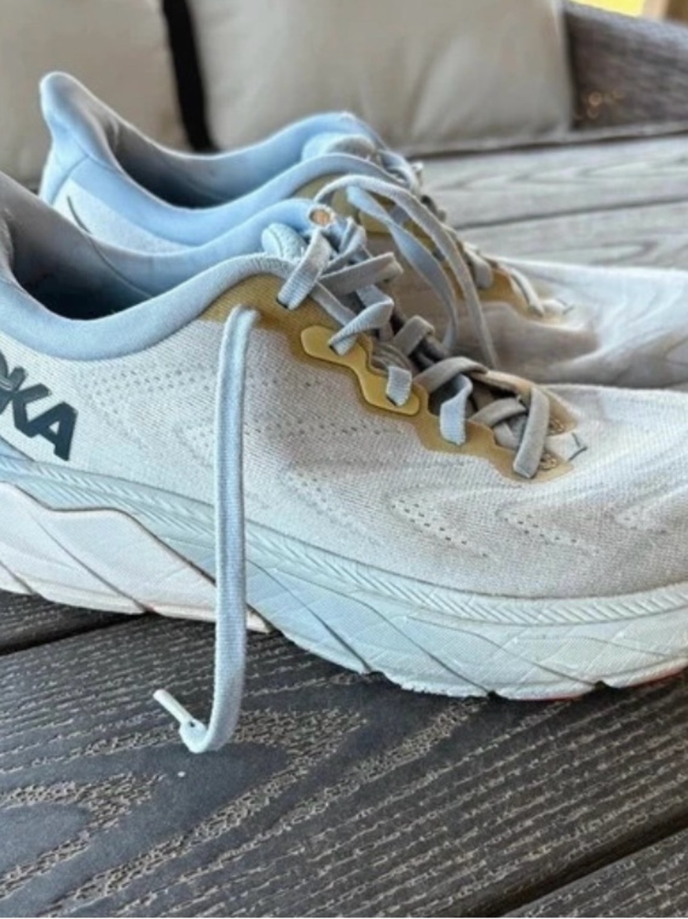 Hoka Women’s Light Gray and Gold Lace-Up Running Sneakers